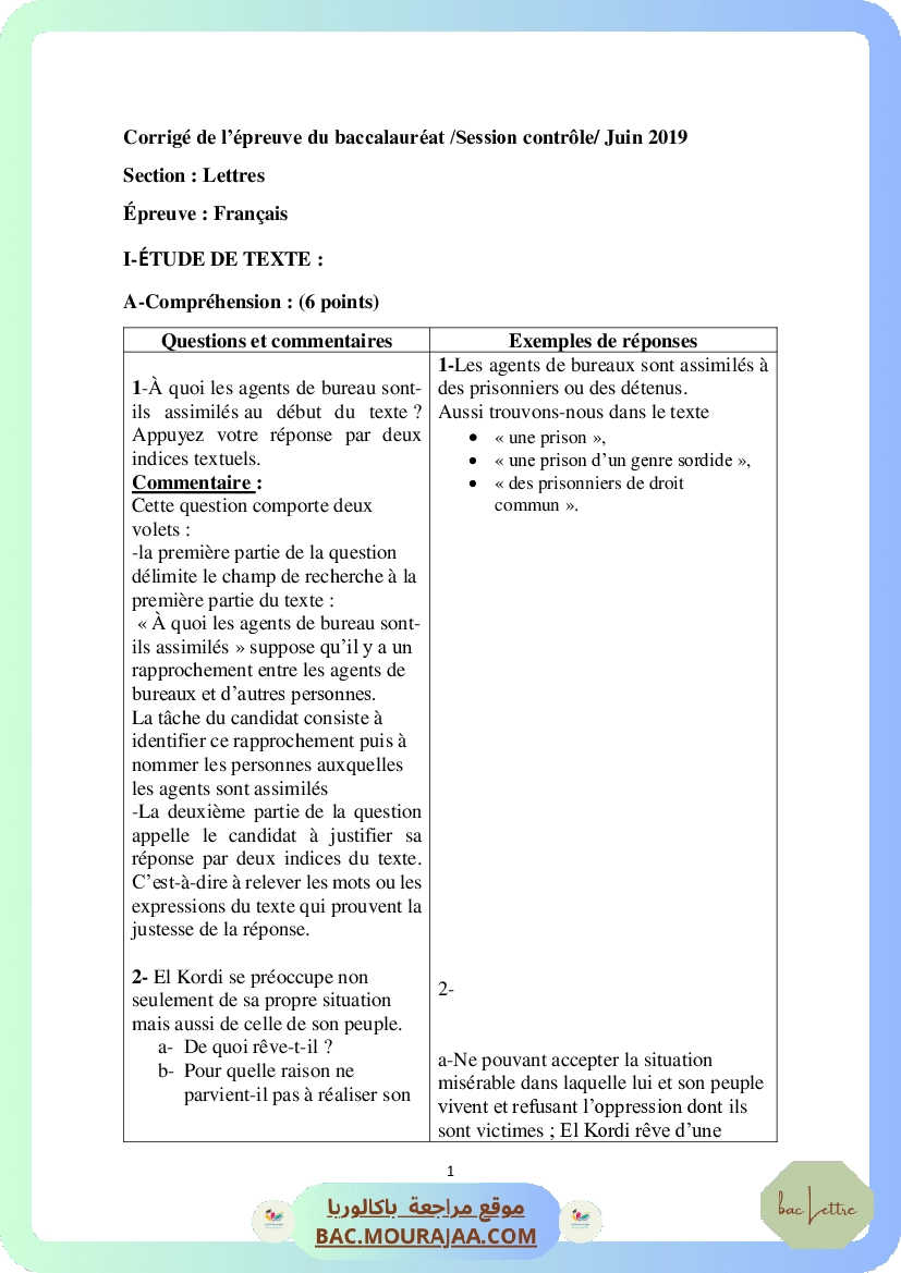 Corrigé controle francais Bac 2019 – Section lettre